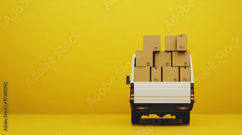 Back view of a white truck filled with cardboard boxes on a yellow background, symbolizing packaging, shipment, and free online delivery. 