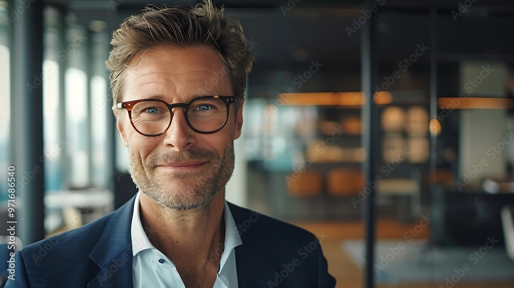A businessman with glasses smiling confidently in a modern office, with a sleek conference room visible in the background. A businessman with glasses smiling confidently in a modern office, with a sleek conference room visible in the background.