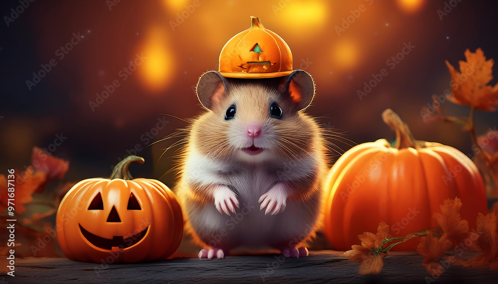 Cute hamster wearing a pumpkin hat, standing by a jack-o'-lantern, ready for Halloween _1(261) Cute hamster wearing a pumpkin hat, standing by a jack-o'-lantern, ready for Halloween _1(261)