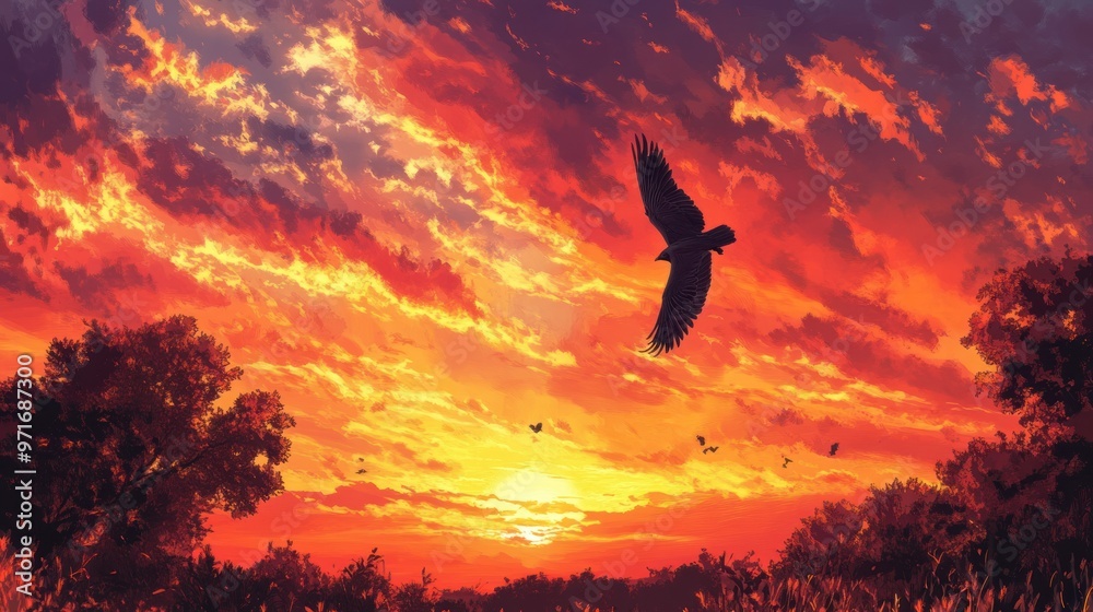 Fototapeta premium A Lone Bird Soaring Through a Fiery Sunset Sky