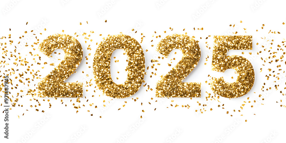Happy New Year 2025 greeting card element on white background. Festive Christmas design. Gold numbers with realistic glitter texture