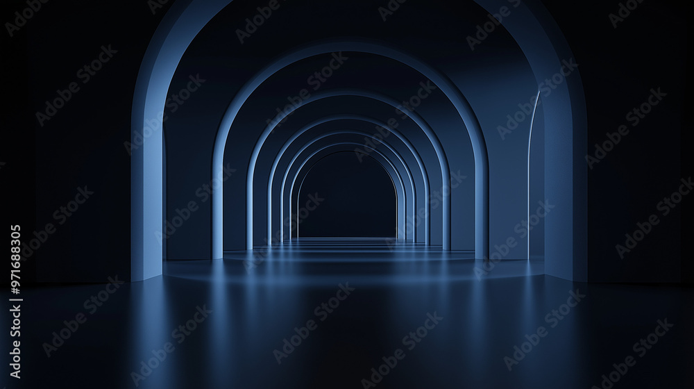 Fototapeta premium A series of arches in a diminishing perspective, leading to a central, darkened archway. The arches are symmetrically aligned, with each one slightly diminishing in size