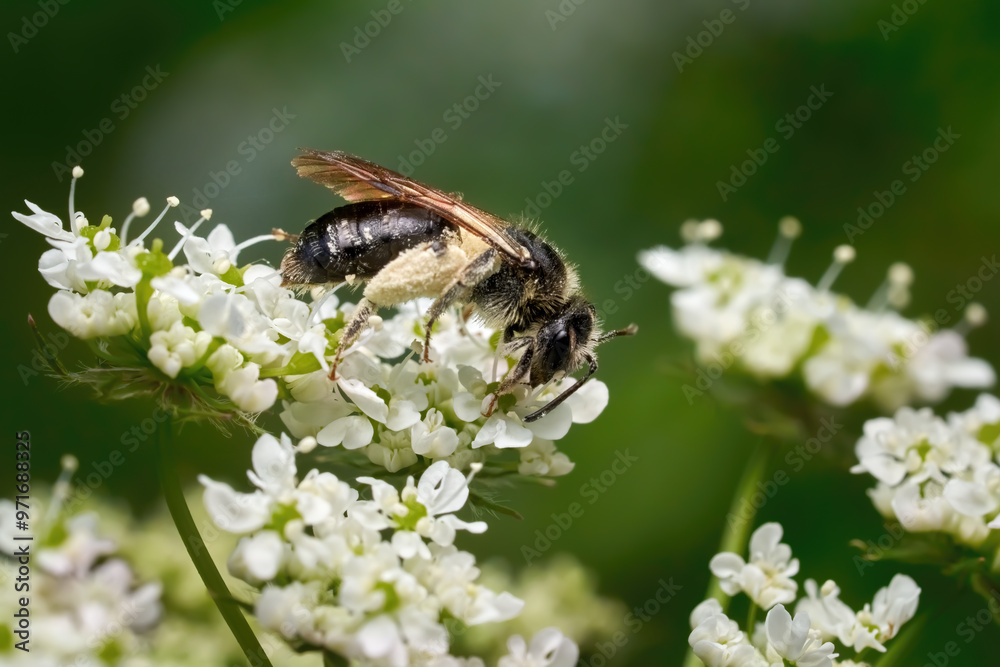Schwarze Wildbiene mit gefülltem hellen Pollenhöschen auf einem Doldenblütler - Andrena spec. in Baden-Württemberg, Deutschland Schwarze Wildbiene mit gefülltem hellen Pollenhöschen auf einem Doldenblütler - Andrena spec. in Baden-Württemberg, Deutschland