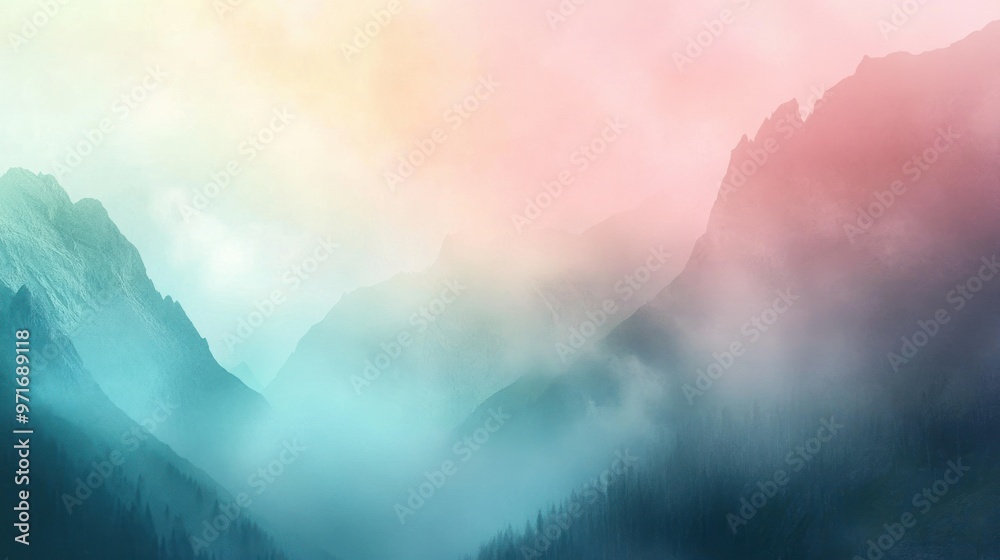 Obraz premium Misty Mountain Landscape with Pink and Blue Hues
