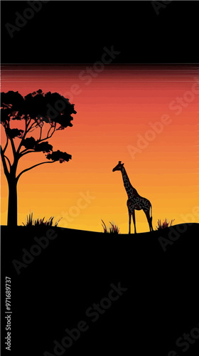 Silhouette of a giraffe on a hill with a tree under a glowing red-orange sky, symbolizing serene wildlife and safari scenes.