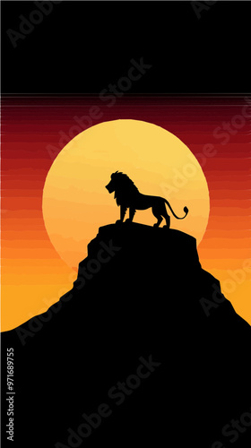 A majestic lion standing on top of a rock with a sunset in the background. Ideal for wildlife and strength-themed designs.