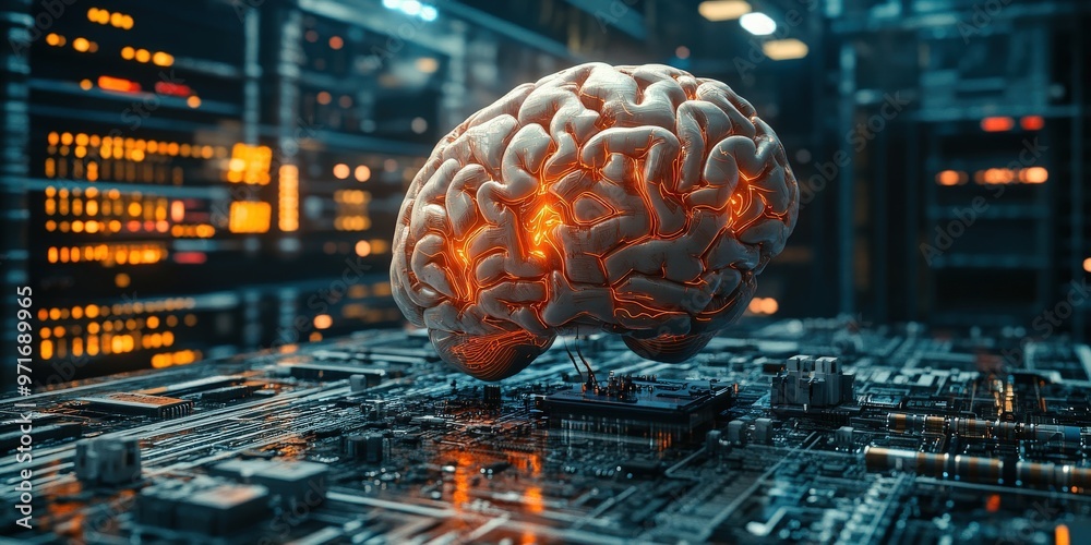 Digital AI Brain on Electronic Circuit Board Digital AI Brain on Electronic Circuit Board