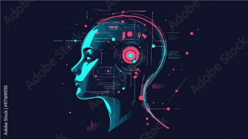 Minimalist flat design vector of a futuristic human profile symbolizing advanced artificial intelligence and digital transformation.