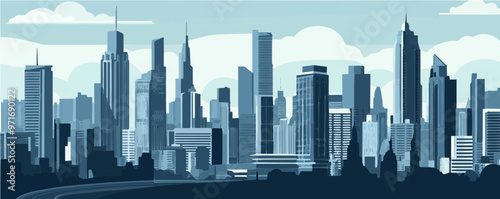 A flat vector of a futuristic city skyline with towering skyscrapers. Great for urban development presentations, architectural designs, or futuristic cityscapes.
