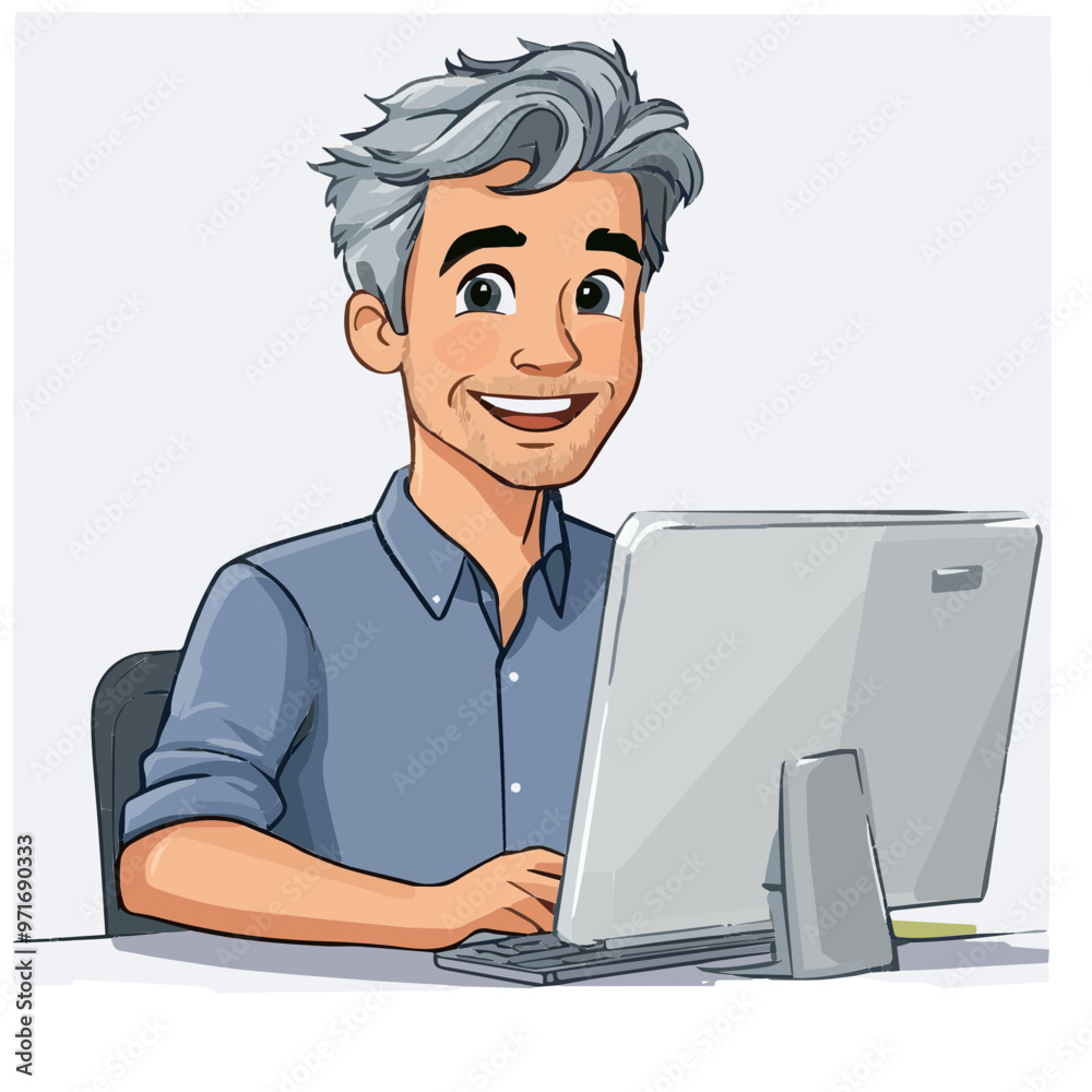 Cartoon vector of a smiling man working on a computer, perfect for tech, IT support, and desktop professional illustrations. Cartoon vector of a smiling man working on a computer, perfect for tech, IT support, and desktop professional illustrations.