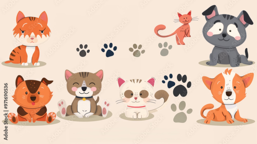 Cute Cartoon Pets with Paw Prints Illustration Cute Cartoon Pets with Paw Prints Illustration