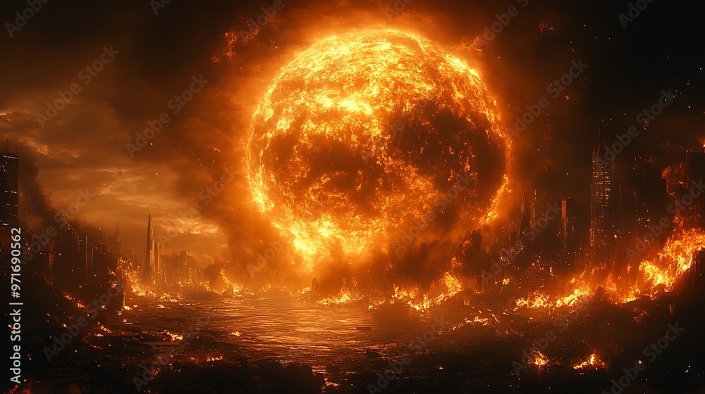 A fiery red sun blazes in the sky, casting an apocalyptic glow over a ruined city. A fiery red sun blazes in the sky, casting an apocalyptic glow over a ruined city.