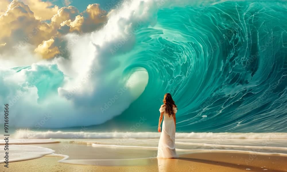 A woman stands on a beach in front of a large wave