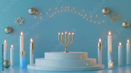 Hanukkah Menorah with Candles and Star Decorations