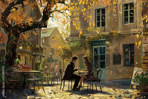 A couple enjoys coffee at a quaint outdoor cafe in a charming European village during a sunny afternoon, filled with colorful buildings and vibrant flowers everywhere