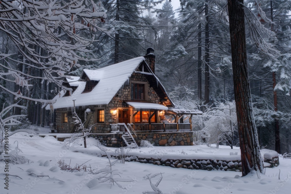 A cozy cabin nestled in a snowy forest at twilight, featuring warm lights glowing from within and trees illuminated by soft winter moonlight A cozy cabin nestled in a snowy forest at twilight, featuring warm lights glowing from within and trees illuminated by soft winter moonlight