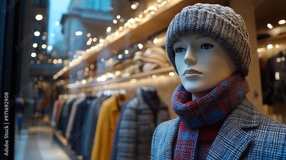Obraz premium Mannequin in a shop window wearing a hat and scarf.