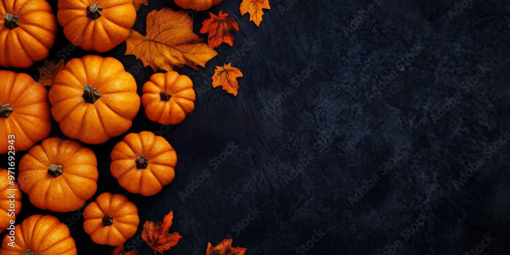 Halloween pumpkin with autumn leaves against dark background with copy space. Halloween pumpkin with autumn leaves against dark background with copy space.