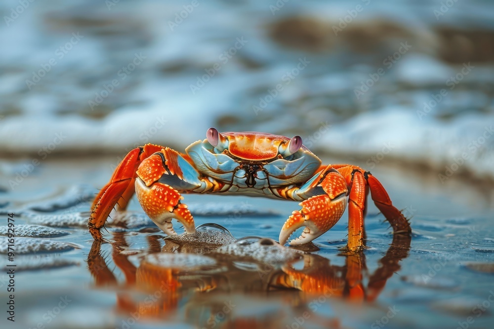 A vibrant crab stands on wet sand at the shoreline during low tide, showcasing its colorful shell while reflecting in the water under the warm sunlight A vibrant crab stands on wet sand at the shoreline during low tide, showcasing its colorful shell while reflecting in the water under the warm sunlight