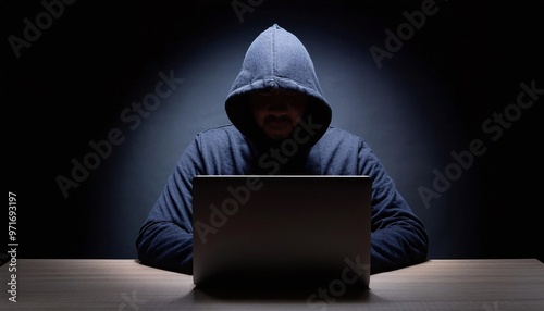 internet security and data protection concept, hacker in dark hoodie hacking into corporate system