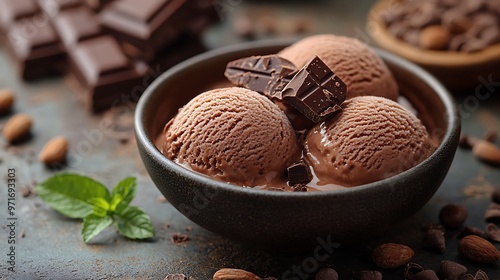 Close-up of a bowl of chocolate ice cream with chocolate shavings and almonds on a rustic surface.