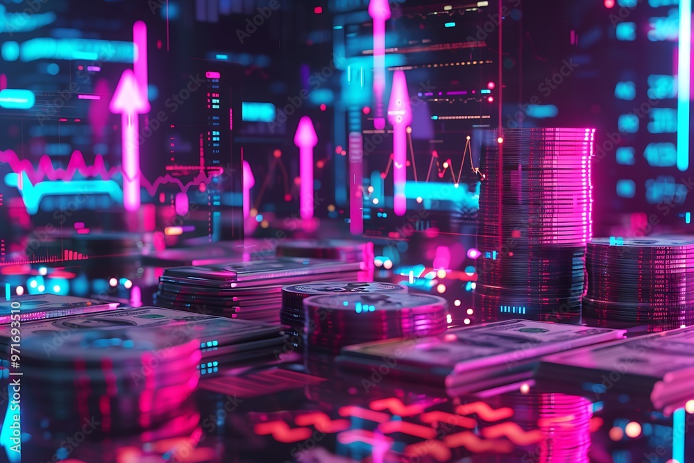 A futuristic financial environment with stacks of real money juxtaposed with digital currency icons and real-time data projections, illuminated by bright neon hues. A futuristic financial environment with stacks of real money juxtaposed with digital currency icons and real-time data projections, illuminated by bright neon hues.