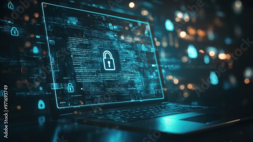 Cybersecurity of Laptop and PC computer with lock icon