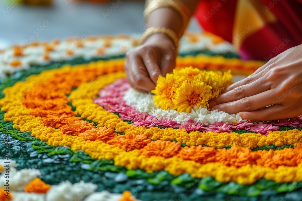 Fototapeta premium A close-up of hands carefully placing fresh flowers to create a vibrant and intricate floral Rangoli.