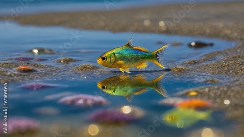 A colorful fish swims in shallow water, reflecting the vibrant colors of nearby starfish. photo