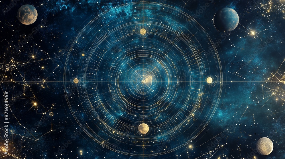 Obraz premium Stunning cosmic illustration showcasing planetary orbits and constellations in a vibrant, starry night sky