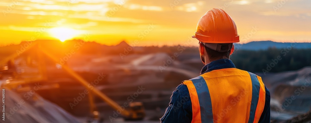 A construction worker in helmet and vest admires a stunning sunset over the site, showcasing dedication and industrious spirit. A construction worker in helmet and vest admires a stunning sunset over the site, showcasing dedication and industrious spirit.