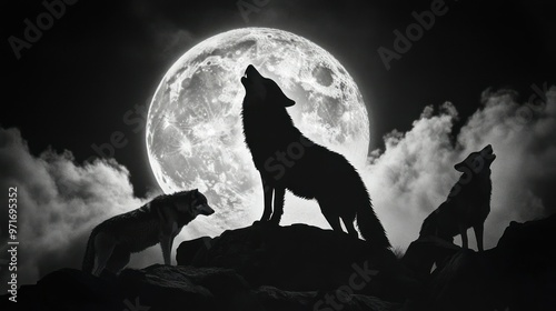 Three Wolf Silhouettes Howling at the Full Moon