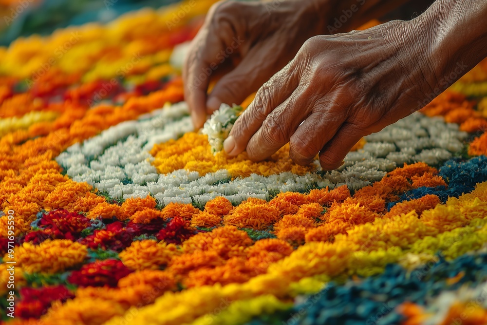 Fototapeta premium A close-up of hands carefully placing fresh flowers to create a vibrant and intricate floral Rangoli.