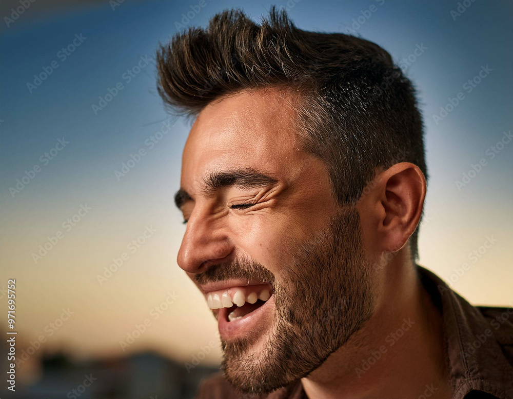 Fototapeta premium A close-up portrait of a person laughing with joy, their eyes closed and head slightly tilte