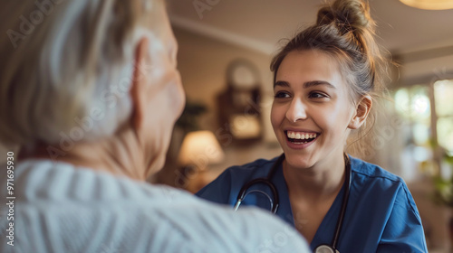 A home health care worker assists an elderly woman in her home 