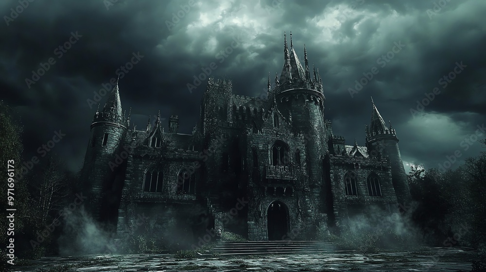 Fototapeta premium A dark and mysterious castle with a dramatic sky.