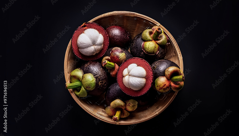 Overhead view of Fresh, Pile, Ripe and juicy sweet mangosteen fruits. Halves food summer background Overhead view of Fresh, Pile, Ripe and juicy sweet mangosteen fruits. Halves food summer background