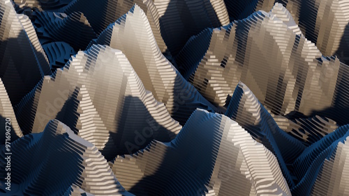 Layered terrain, mountains, stylized landscape, 3D isometric topography