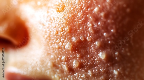 Close-up of red, irritated skin with a raised, itchy rash caused by an allergic reaction, detailed texture of inflamed skin photo