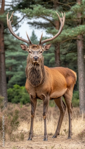 Majestic Red Deer Stag with Large Antlers Standing in Autumn Heath, Wildlife Portrait