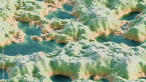 Layered terrain, valley, rivers, stylized landscape, 3D isometric topography