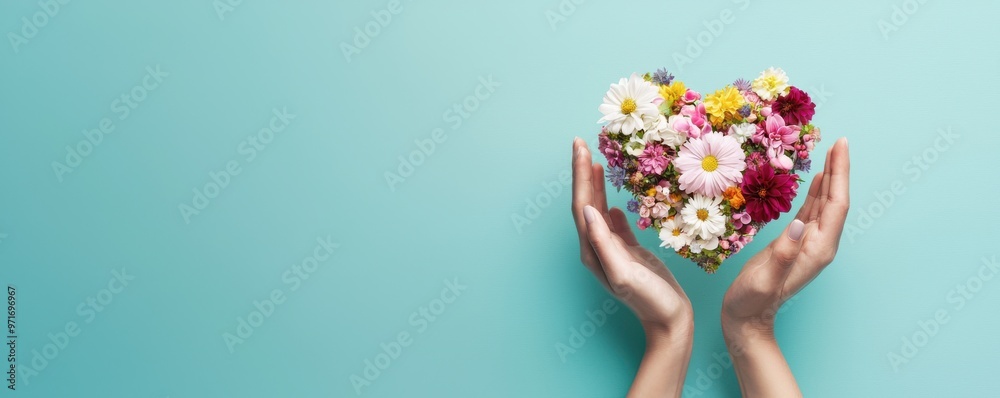 A pair of hands holding a heart-shaped arrangement of colorful flowers, symbolizing love and care against a soothing background.