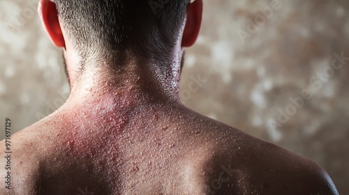 Image of back skin with a large, red allergic rash, showing visible inflammation and uneven texture due to a severe reaction