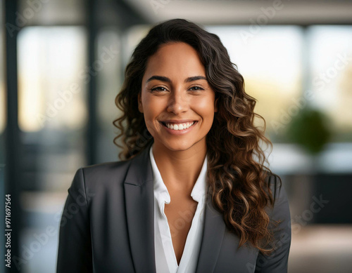 A confident businesswoman in a sharp suit, smiling in front of a modern office background. N