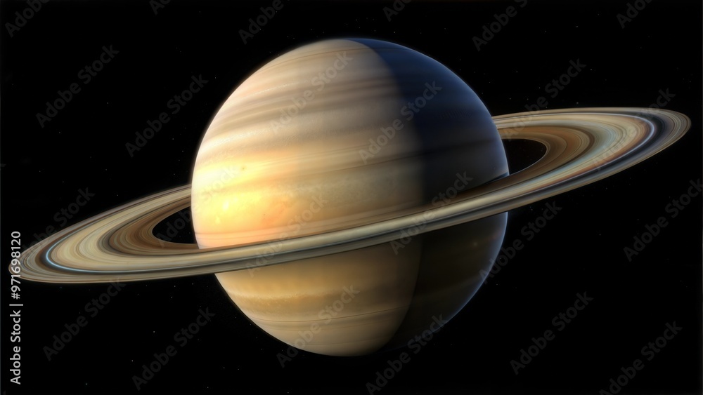 Fototapeta premium Stunning view of planet Saturn in a realistic style showcasing its iconic rings against a black space background with copy space