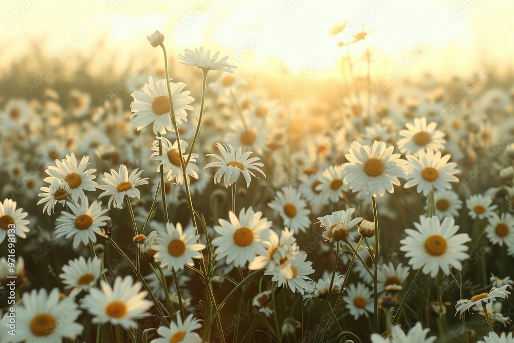 A field of blooming daisies bathed in golden sunlight during evening hours, creating a serene landscape that invites tranquility and appreciation for nature's beauty A field of blooming daisies bathed in golden sunlight during evening hours, creating a serene landscape that invites tranquility and appreciation for nature's beauty