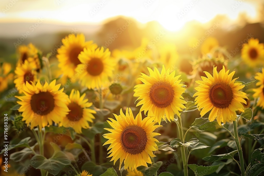 A vibrant field of sunflowers glows under the warm setting sun, creating a picturesque rural landscape filled with golden blooms A vibrant field of sunflowers glows under the warm setting sun, creating a picturesque rural landscape filled with golden blooms