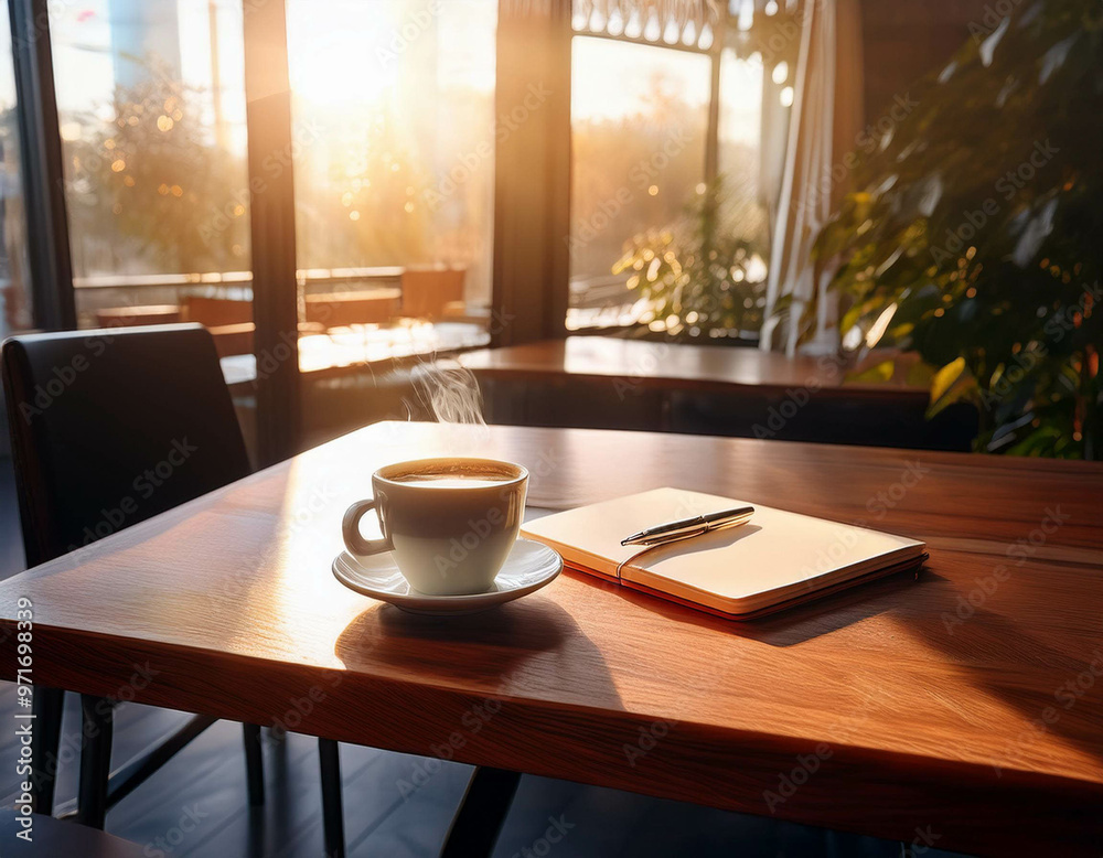 A cozy caf? with large windows letting in soft sunlight, casting warm shadows on wooden tabl A cozy caf? with large windows letting in soft sunlight, casting warm shadows on wooden tabl