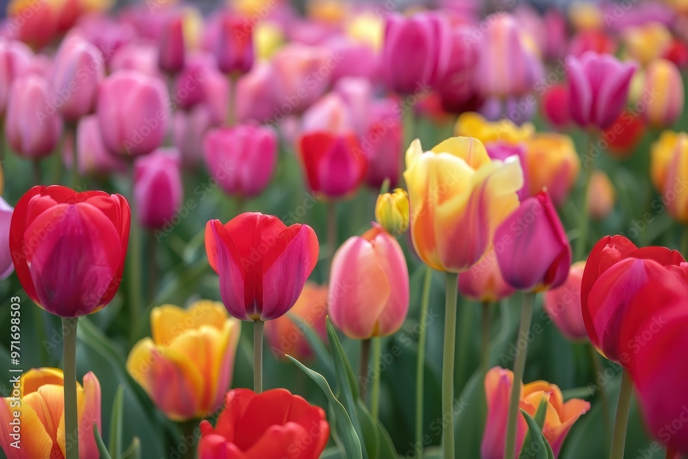 A vibrant garden filled with blooming tulips in various colors during a sunny spring afternoon highlights the beauty of nature's seasonal display A vibrant garden filled with blooming tulips in various colors during a sunny spring afternoon highlights the beauty of nature's seasonal display