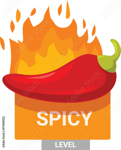 Cartoon style red hot chili pepper with green stem burning in bright flames indicating spicy level